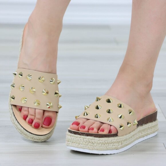 Beige Platform Sandals Gold Studded Slip On Braided Jute Sole Open Toe - Picture 3 of 12